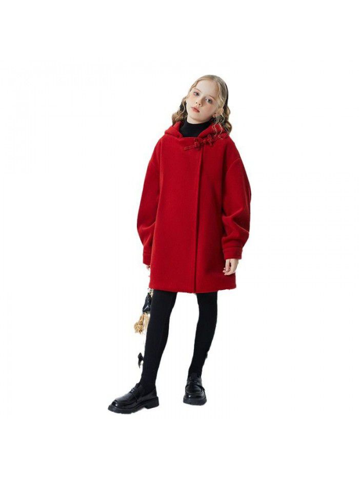 Girls' autumn/winter woolen coat, new winter style, children's Chinese style red button woolen coat