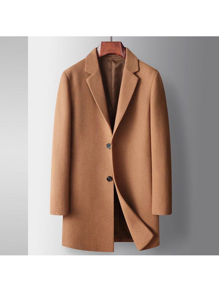 Men's woolen coat autumn and winter mid length youth business woolen windbreaker solid color casual wool coat