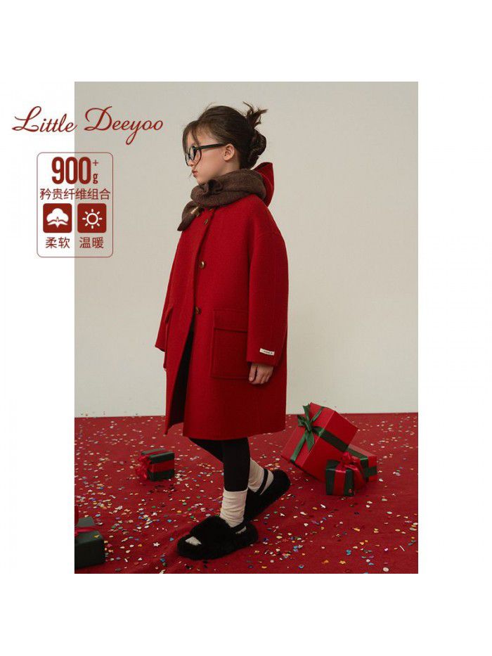 Girls' double-sided cashmere woolen coat, autumn and winter new children's middle and large children's new year red woolen coat