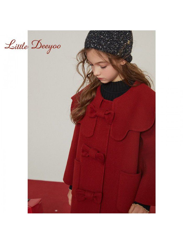 Girls' woolen coat new children's double-sided cashmere new year's red woolen coat for middle-aged and elderly children