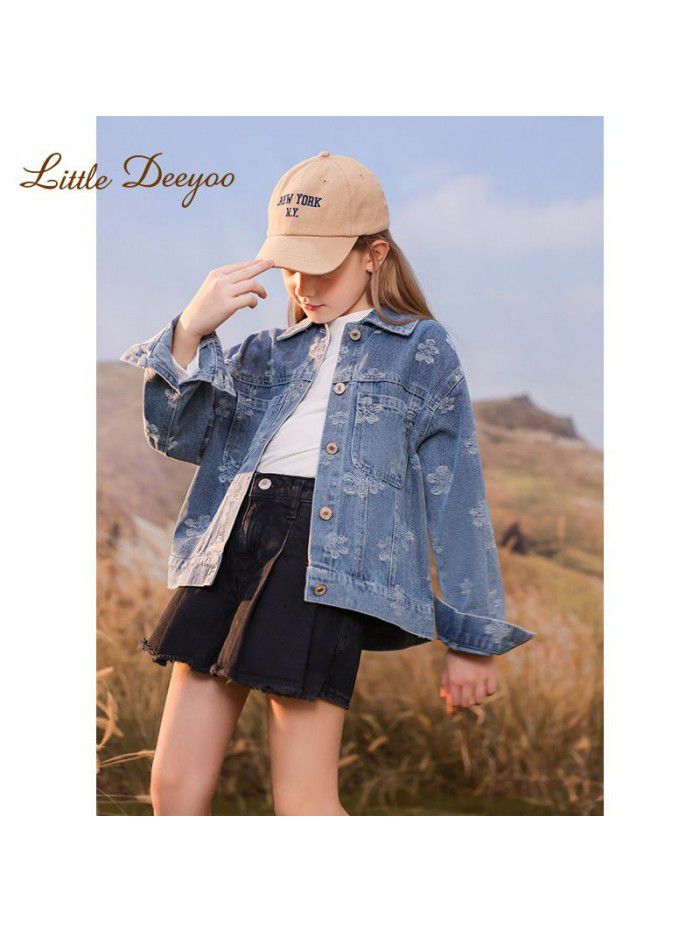 Girl's embroidered denim jacket, spring and autumn new children's middle-aged and young children's western-style jacket top