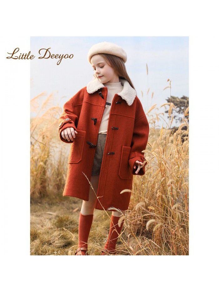 Girls' woolen coat, winter clothing, new children's coat, stylish, medium to long, thick cotton jacket for big children