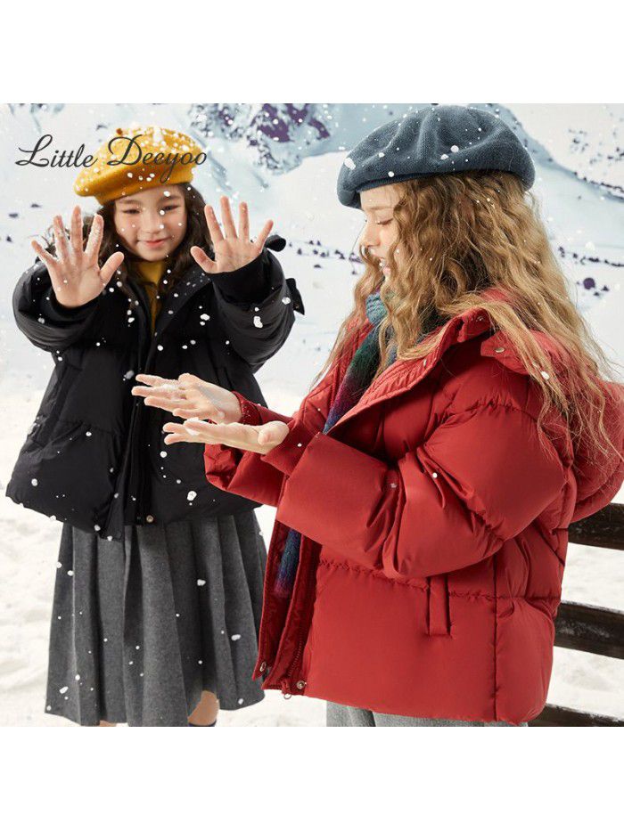 Girls' hooded down jacket, winter new style, big children's light 90 white duck down jacket for warmth