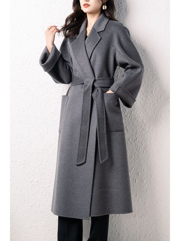 Double sided cashmere coat, handmade coat, suit collar, textured woolen coat