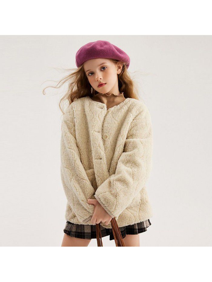 Girls' Sheep Fleece Coat Mid length Autumn/Winter New Mid size Children's Lamb Wool Thickened Coat