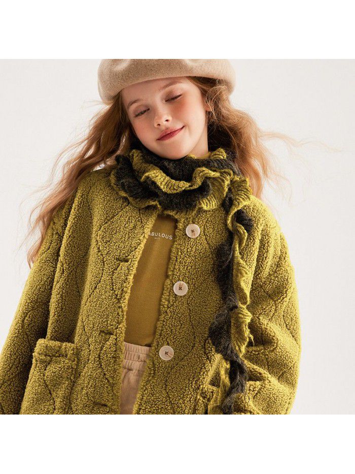 Girls' Sheep Fleece Coat Mid length Autumn/Winter New Mid size Children's Lamb Wool Thickened Coat