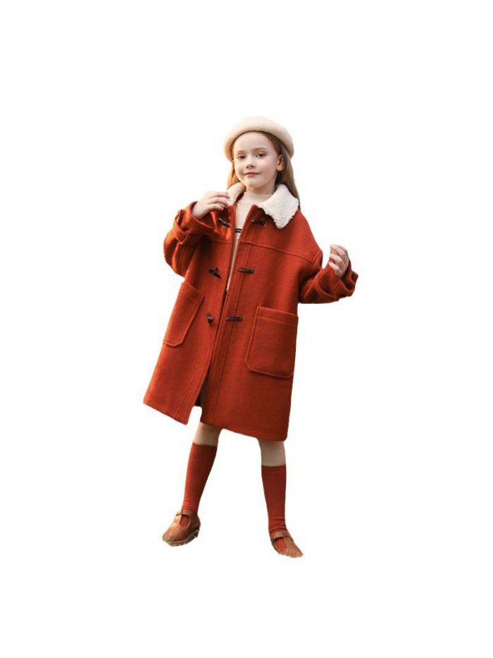 Girls' woolen coat, winter clothing, new children's coat, stylish, medium to long, thick cotton jacket for big children