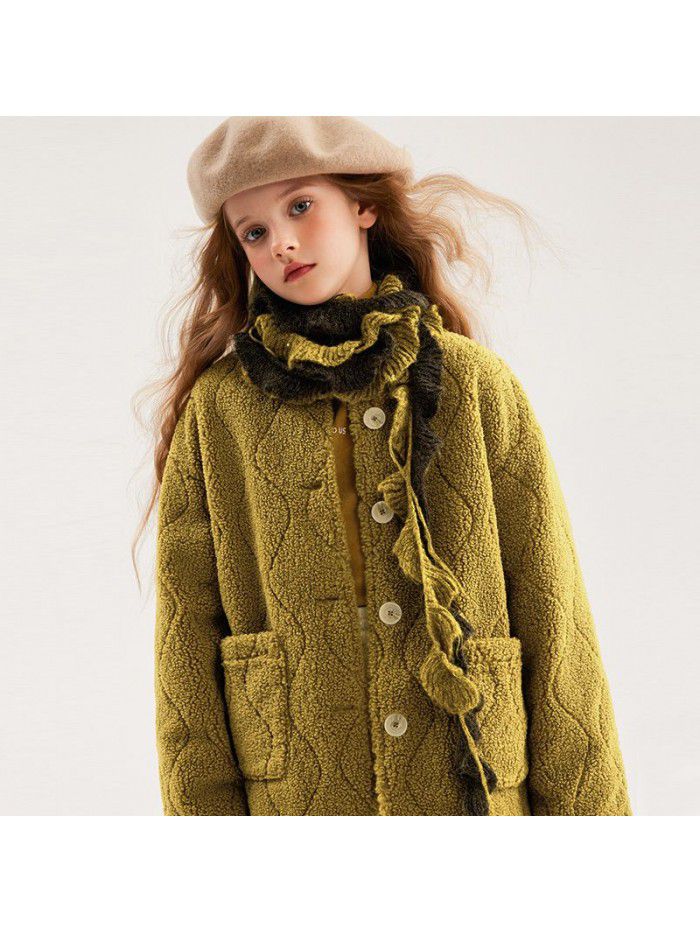 Girls' Sheep Fleece Coat Mid length Autumn/Winter New Mid size Children's Lamb Wool Thickened Coat