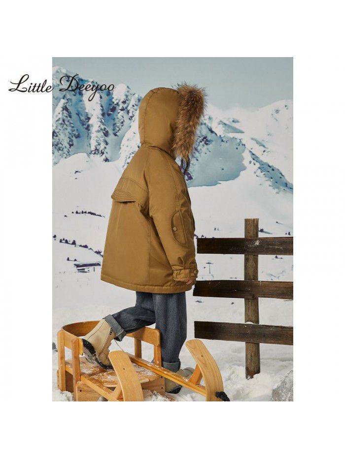 Girls' parka jacket, down jacket, winter clothing, new style, big raccoon neck, windproof, warm and thickened coat for middle-aged and young children