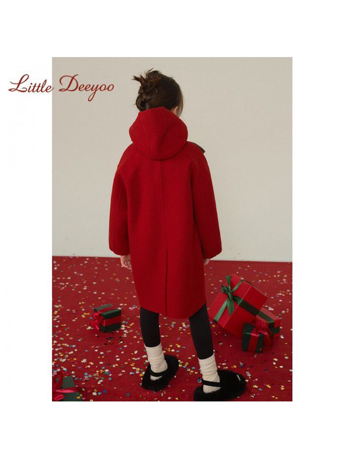 Girls' double-sided cashmere woolen coat, autumn and winter new children's middle and large children's new year red woolen coat