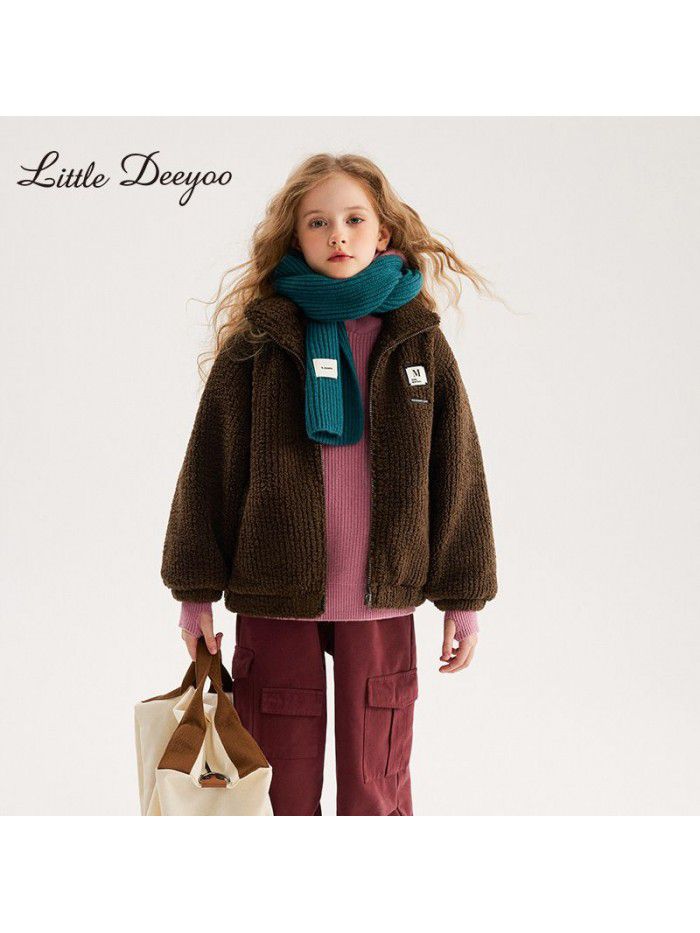 Xiao Ding You You Girls' Imitation Lamb Hair Coat Autumn and Winter New Big Children's Short Winter Loose plush Coat