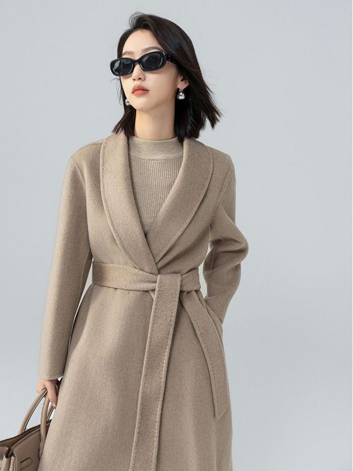 Camel velvet green fruit collar tie up long coat, loose and slimming for commuting women, double-sided woolen coat for women