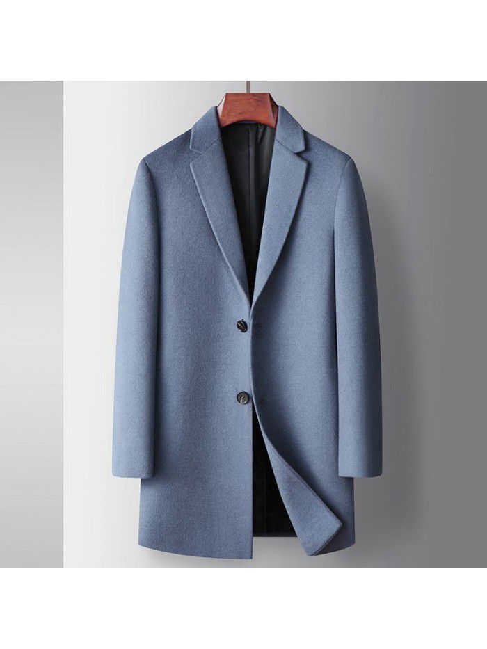 Men's woolen coat autumn and winter mid length youth business woolen windbreaker solid color casual wool coat
