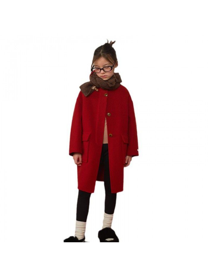 Girls' double-sided cashmere woolen coat, autumn and winter new children's middle and large children's new year red woolen coat