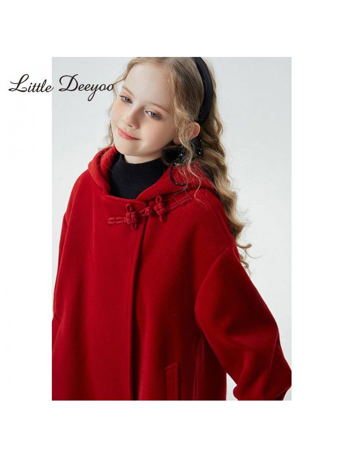 Girls' autumn/winter woolen coat, new winter style, children's Chinese style red button woolen coat