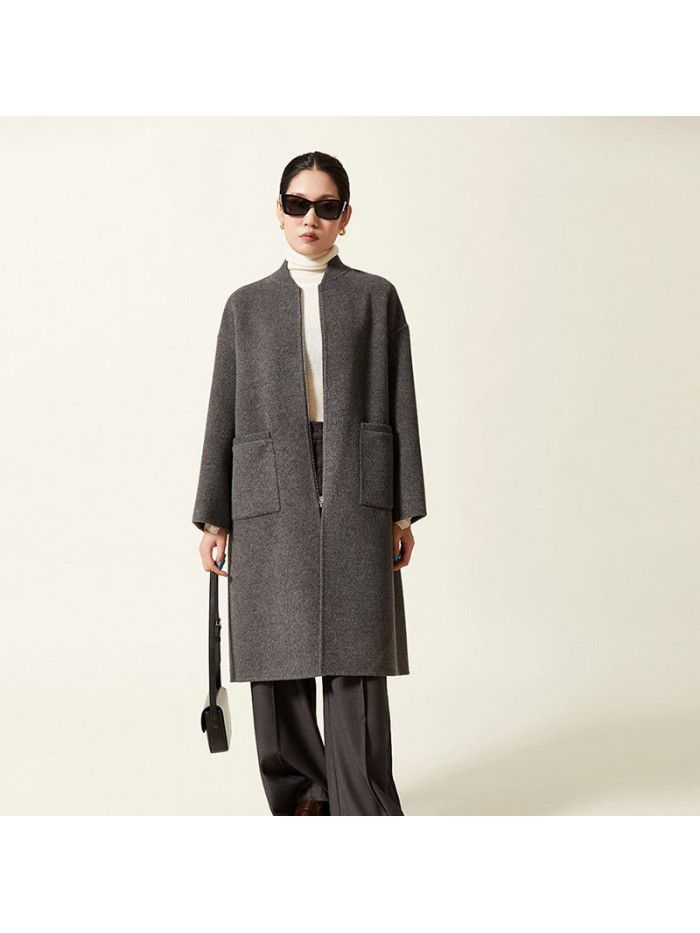 Autumn and winter pure wool coat, woolen jacket, double-sided long baseball jacket, wool high-end zippered jacket