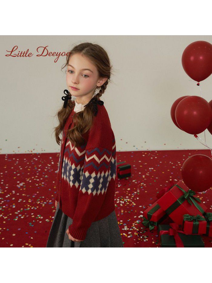 Girl's Winter Christmas Red Sweater New Children's Fashionable Big Boys Knitted Cardigan New Year's Clothing