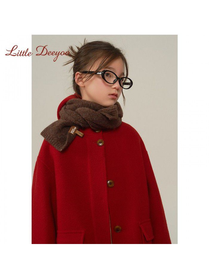 Girls' double-sided cashmere woolen coat, autumn and winter new children's middle and large children's new year red woolen coat