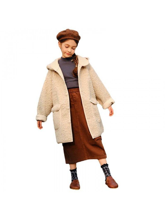 Girls' medium length granular plush jacket, winter new westernized style, children's lamb fur and fur all in one