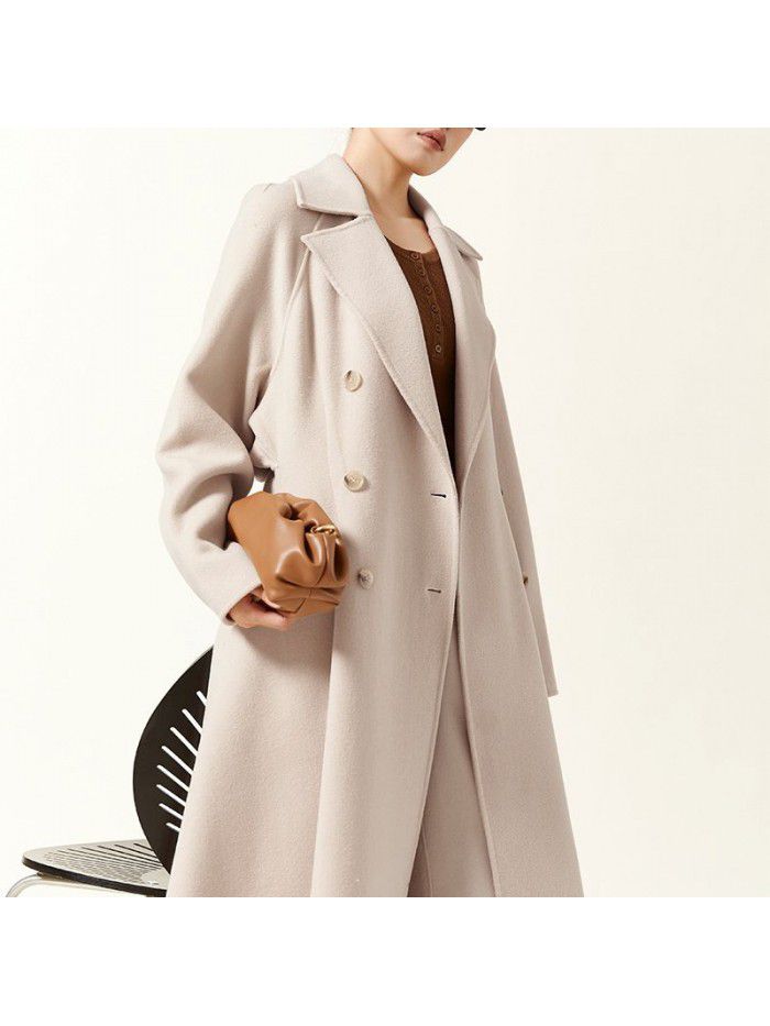 Autumn and winter woolen coat, wool coat, women's fake two-piece set, double breasted woolen coat, women's light and thin mulberry silk coat