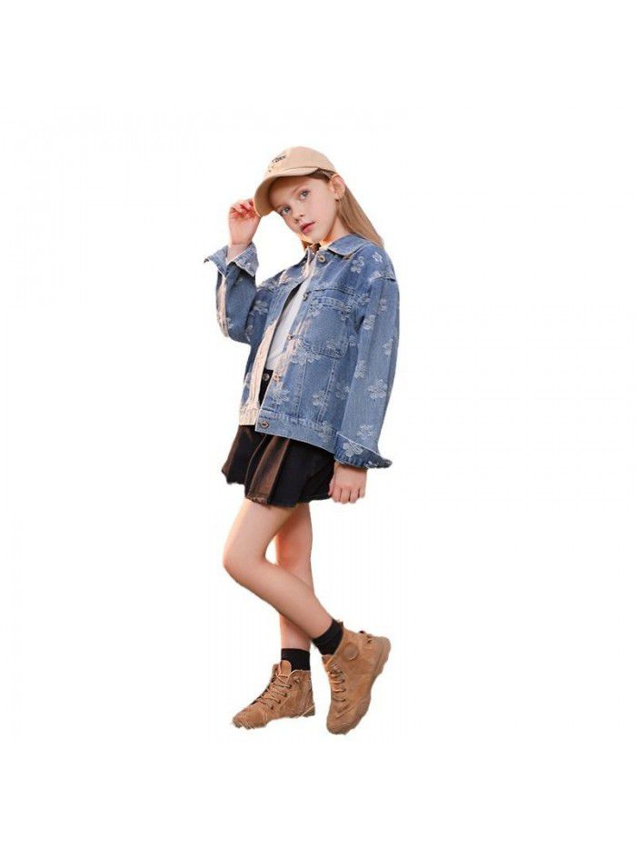 Girl's embroidered denim jacket, spring and autumn new children's middle-aged and young children's western-style jacket top