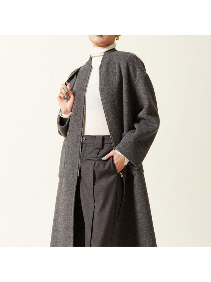 Autumn and winter pure wool coat, woolen jacket, double-sided long baseball jacket, wool high-end zippered jacket