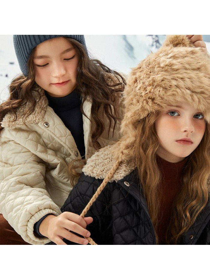 Girls' autumn and winter cotton clothing, big children's lamb wool collar jacket, children's western-style thin style cotton jacket trend