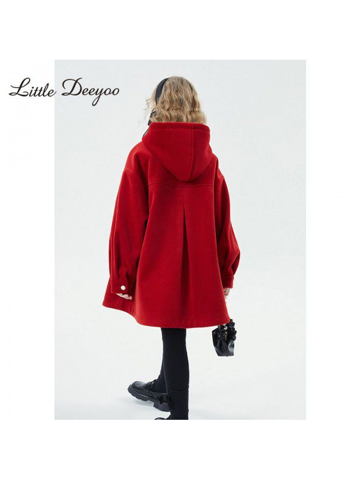 Girls' autumn/winter woolen coat, new winter style, children's Chinese style red button woolen coat