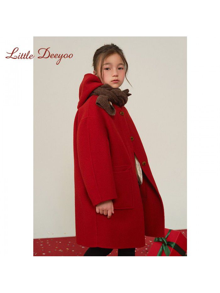 Girls' double-sided cashmere woolen coat, autumn and winter new children's middle and large children's new year red woolen coat