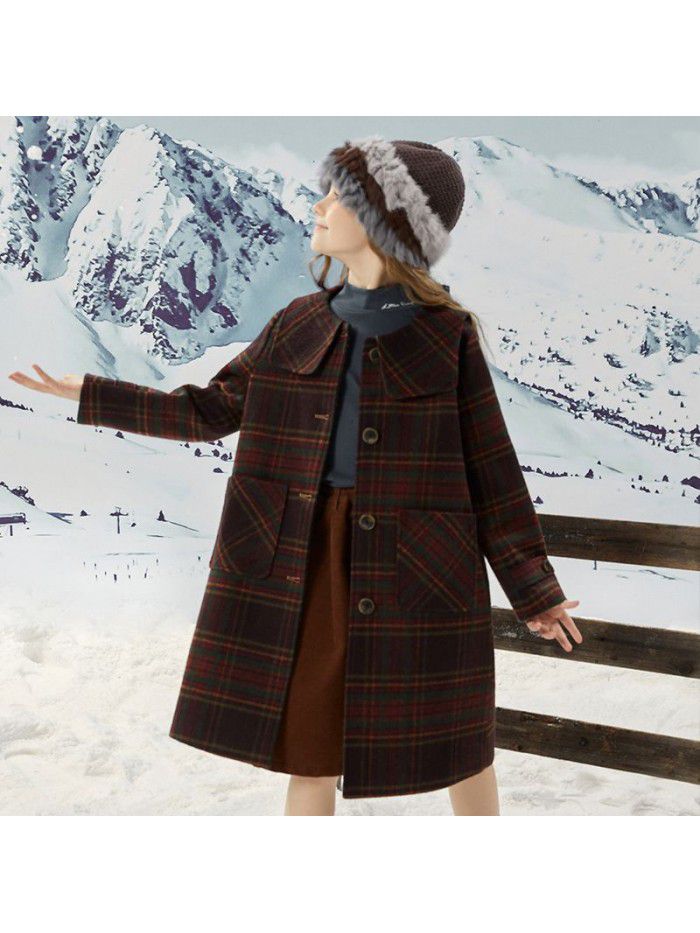 Girls' autumn/winter woolen coat, new winter style navy collar plaid woolen coat for big boys