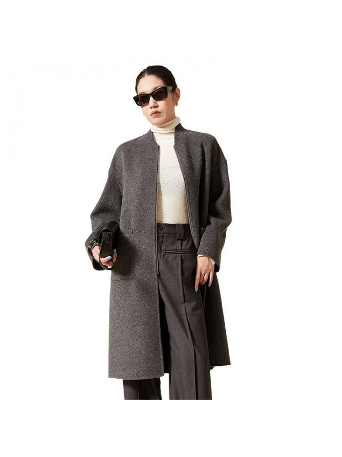 Autumn and winter pure wool coat, woolen jacket, double-sided long baseball jacket, wool high-end zippered jacket