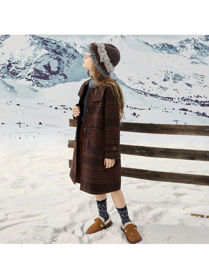 Girls' autumn/winter woolen coat, new winter style navy collar plaid woolen coat for big boys