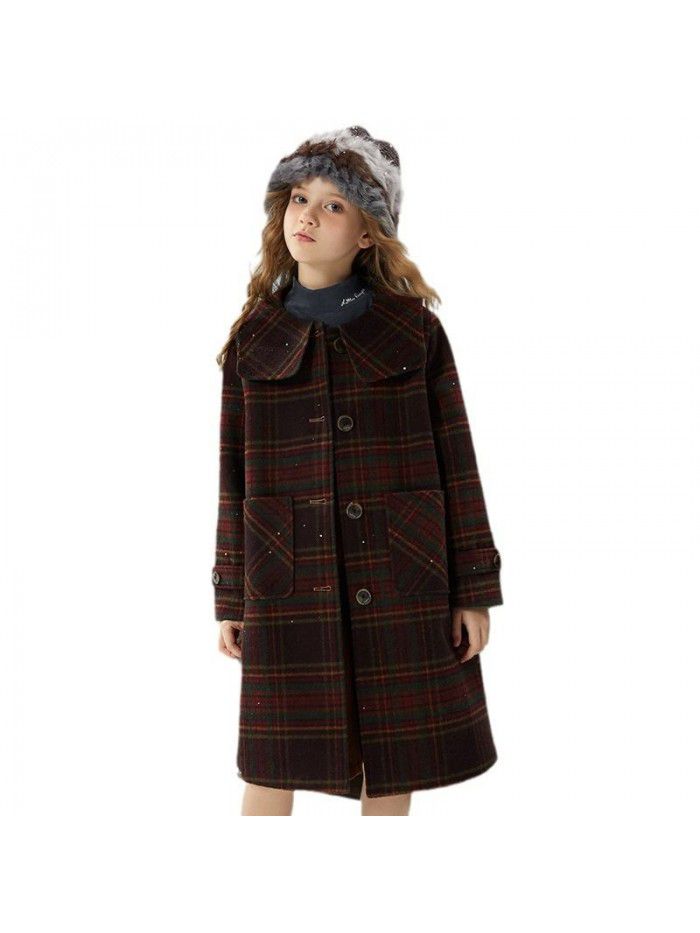 Girls' autumn/winter woolen coat, new winter style navy collar plaid woolen coat for big boys