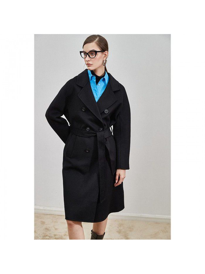 Double sided cashmere coat for women's mid length drawstring to show temperament woolen coat