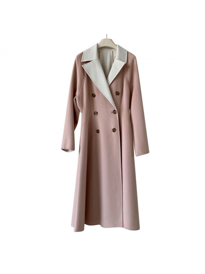 Autumn and winter woolen coat, wool coat, women's fake two-piece set, double breasted woolen coat, women's light and thin mulberry silk coat