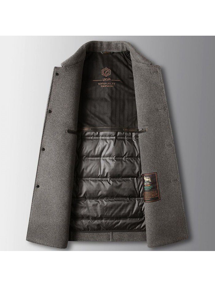 Men's coat autumn and winter mid length lapel wool trench coat middle-aged business detachable goose down inner lining double-sided woolen jacket