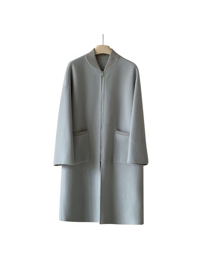 Autumn and winter pure wool coat, woolen jacket, double-sided long baseball jacket, wool high-end zippered jacket