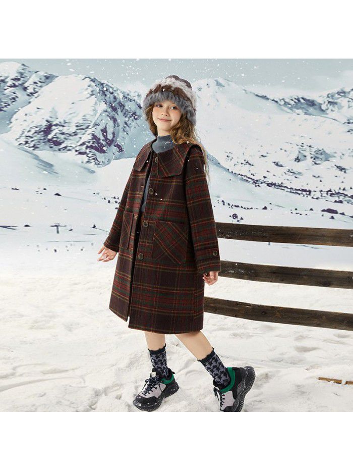 Girls' autumn/winter woolen coat, new winter style navy collar plaid woolen coat for big boys