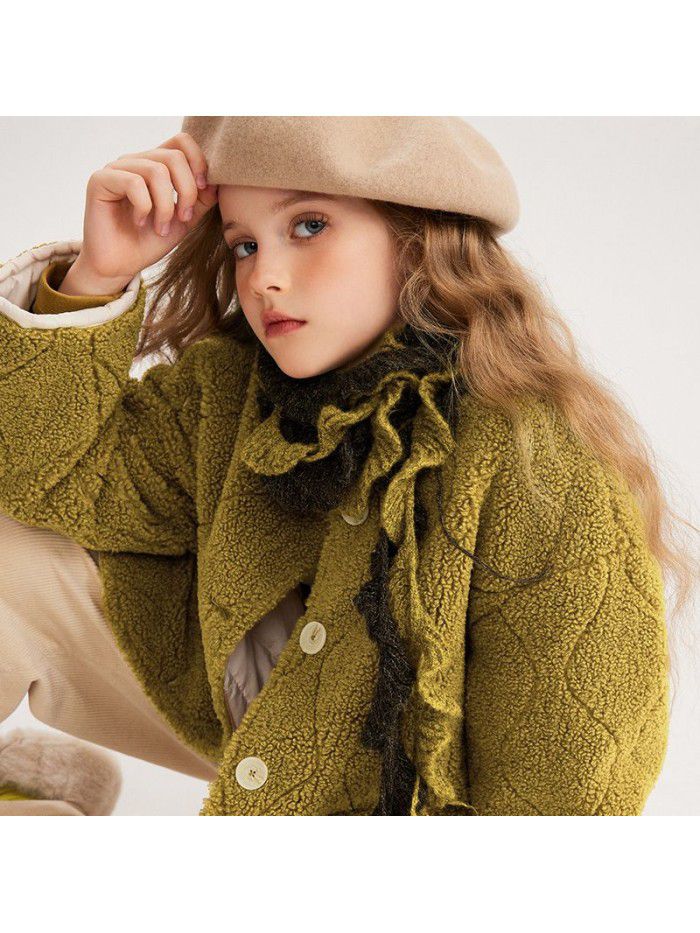 Girls' Sheep Fleece Coat Mid length Autumn/Winter New Mid size Children's Lamb Wool Thickened Coat