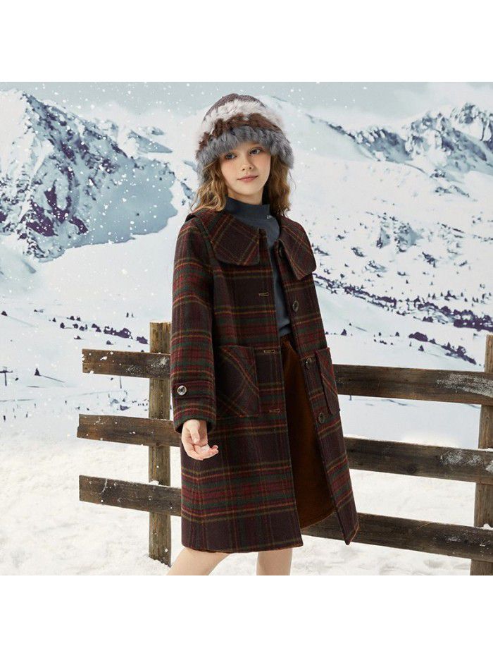 Girls' autumn/winter woolen coat, new winter style navy collar plaid woolen coat for big boys