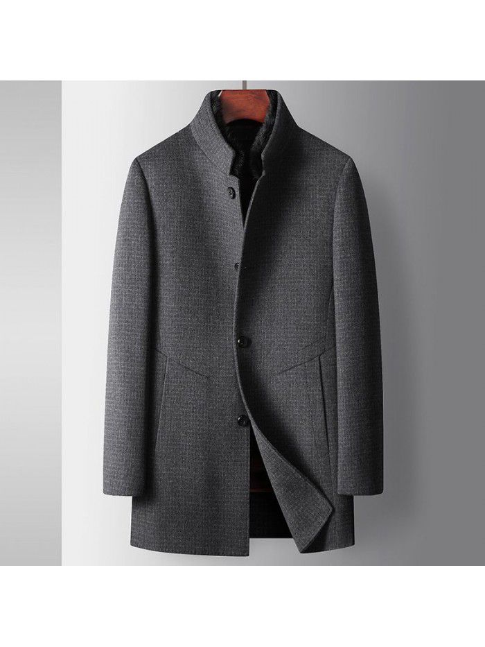 Men's coat autumn and winter mink standing collar down detachable inner lining middle-aged business double-sided woolen warm woolen coat